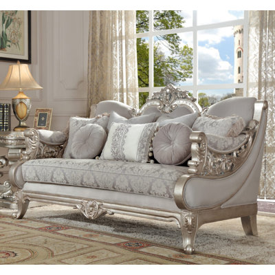 Metallic Silver Hand Carved Loveseat with Rich European Fabric