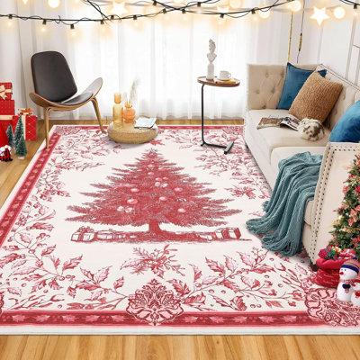 Christmas Tree Print Non-Slip Indoor Rug – Washable Soft Holiday Doormat for Entryway, Kitchen, Bathroom, Bedside -Thin Red Carpet