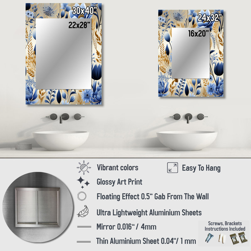 Motif de fleurs Anyla Blue Meadow - miroir floral, miroir mural unique, impression sur métal, 40 po x 30 po
