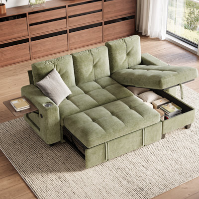 Benett 83" Upholstered Tufted L Shape Modular Sectional with Pull-out Sofa Bed, Storage Chaise & Side Table