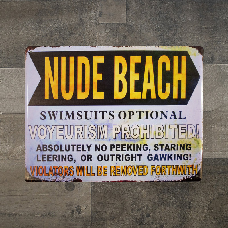 Large Nude Beach Swimsuits Optional Metal Sign Retro Outdoor Coastal Wall Decor