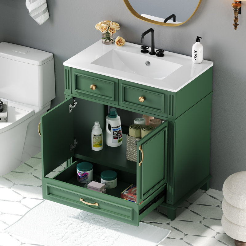 Meuble-lavabo simple 30 po avec lavabo en céramique, Vert/doré