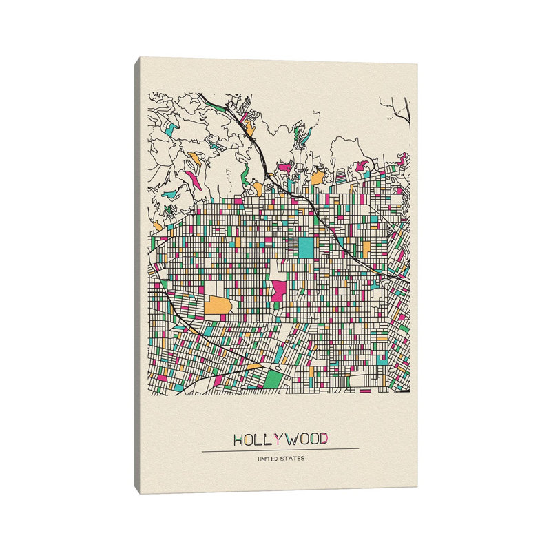 «Hollywood, Los Angeles Map» par Ayse Deniz Akerman - impression sur toile tendue, H 12 po x l 8 po x P 0,75 po