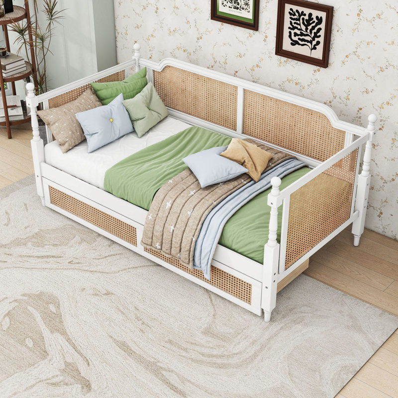 Lit de jour en rotin avec tiroirs et lattes de bois Exquise, Lit simple, Blanc antique