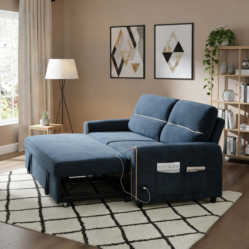 Chenille Pull Out Sofa Bed, Blue