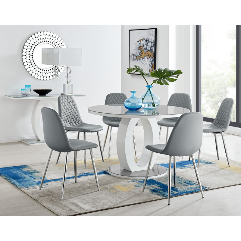 Scottsmoor Modern Halo Seat Round Dining Table Set - 6 Scandi-Style Faux Leather Dining Chairs, Grey, Cappuccino/Gold