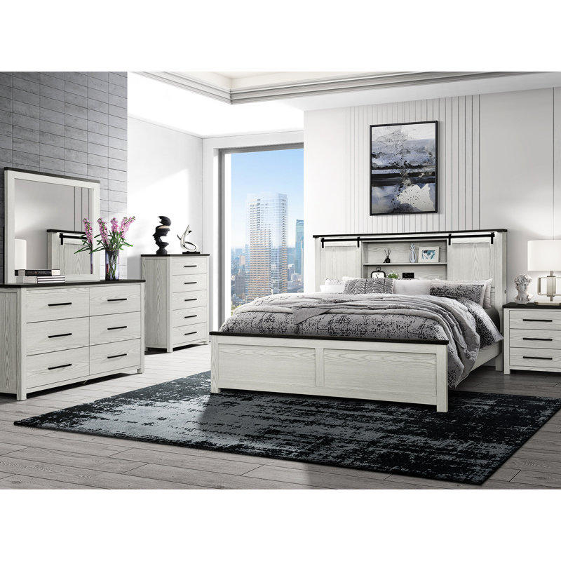 Grand lit à profil bas beige avec tête de lit bibliothèque et barre noire, cadre en bois massif +, style transitionnel pour la chambre à coucher, bois d'hévéa, sommier tapissier beige, bois +,
