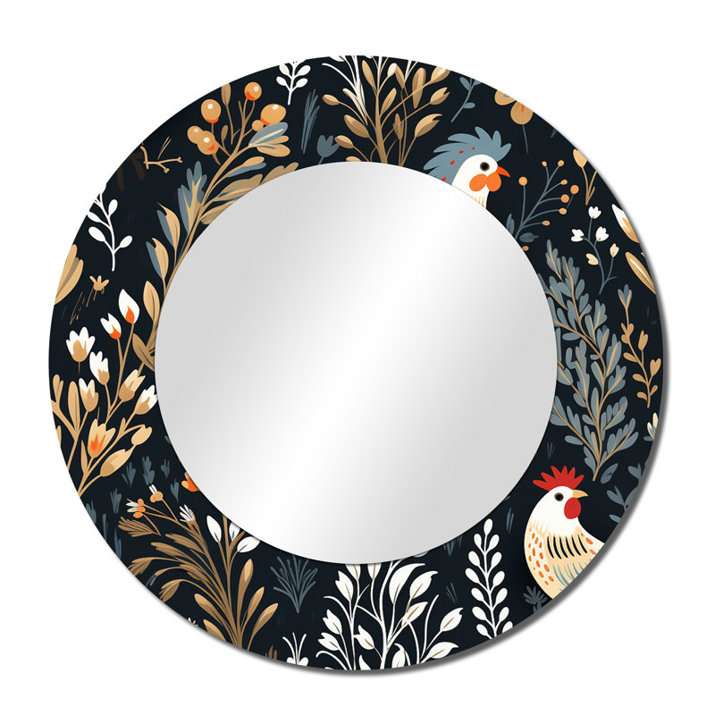 Country Charm Red  Rooster Pattern - marble  Decorative Mirror, Casual Wall Mirror, Printed Metal Art, 36" x 36", Round