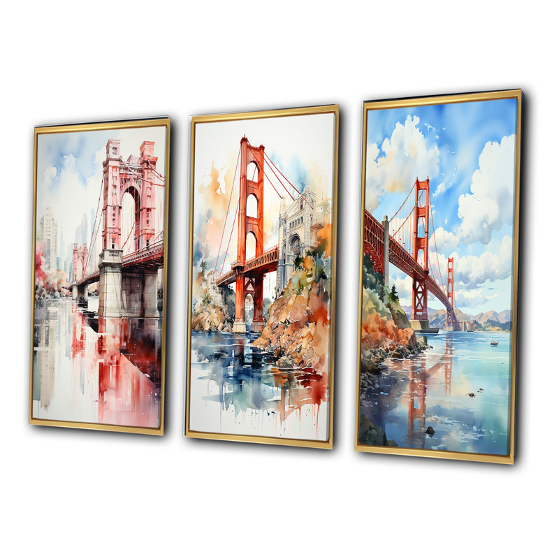 «Red Bridge Architectural Marvel», 3 pièces, Encadrement doré, H 20 po x l 36 po