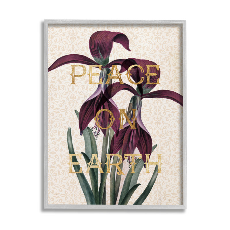 Paix sur terre, iris mauve, motif élégant surdimensionné sur toile tendue par Daphne Polselli, H 20 po x l 16 po, Cadre gris