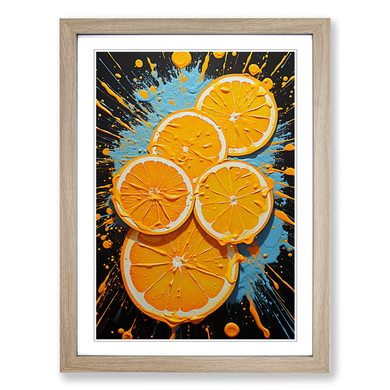 Sliced Orange Action - Single Picture Frame Print on Wood, 64cm H x 46cm W x 2cm D, Oak
