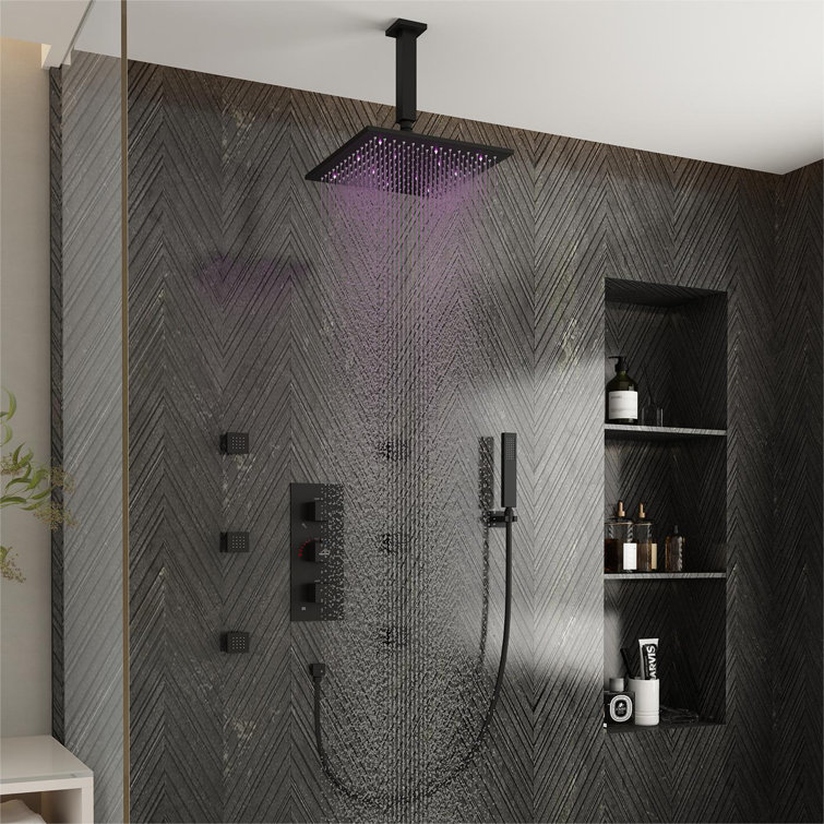 3-Function Luxury Ceiling Mount 12 Inch LED Thermostatic Shower System with 6 Body Jets