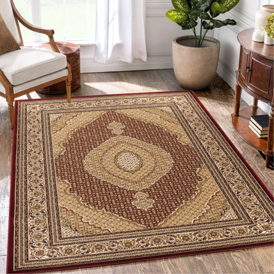 Tapis rouge classique 5 pi 3 po X 7 po, fabriqué à la machine avec un médaillon et un design de luxe, 100% polypropylène, teint, idéal pour les tapis d'entrée ornés de meubles, fabriqué à la machine,