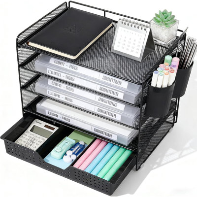 Organisateur de bureau en filet à 5 niveaux avec tiroir et porte-stylos - Trieur de dossiers vertical pour le bureau