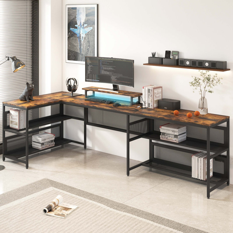 U Shaped Desk With Power Outlets & LED Strip, L Shaped Desk with Storage Shelf, Home Office Gaming Desk, Brown