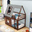 Lit superposé simple au-dessus d'un lit simple en bois avec toit, échelle, fenêtres et garde-corps
