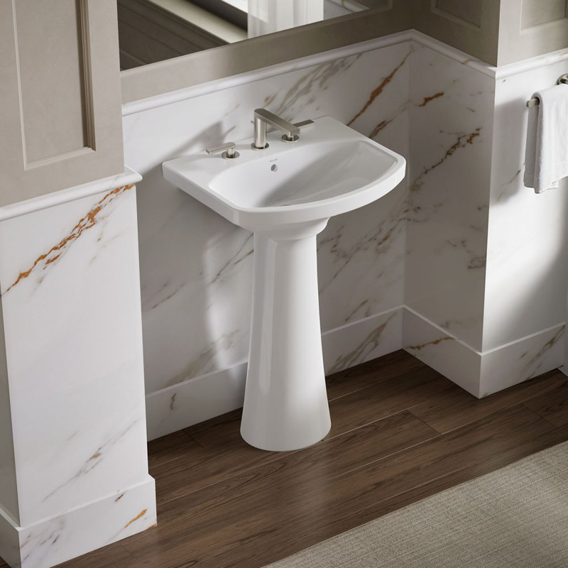 Cimarron® 26.81" Vitreous China U-Shape Pedestal Bathroom Sink with Overflow, White, 8'' Centers
