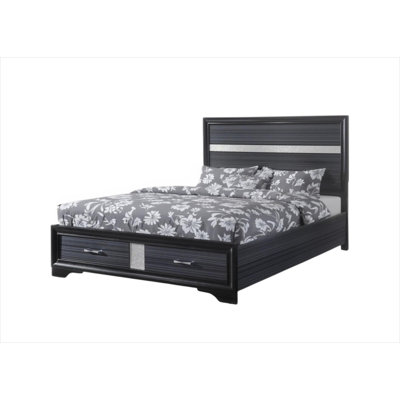  Brighton Black Gray and Silver Faux Crystal Bling Wood King Bed Frame With Two Drawers — King, Black & Gray & Silver