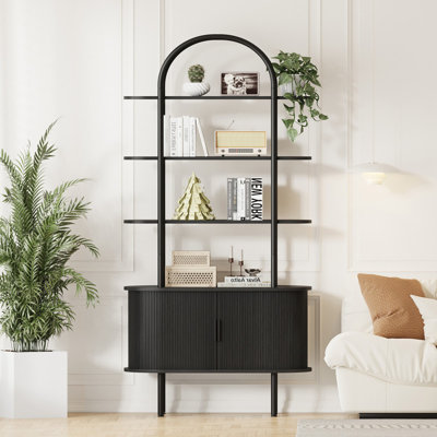 71" Tall Fluted Arched Bookshelf with Sliding Doors, Mid Century Modern Metal Curved Bookshelf Cabinet with Storage and Adjustable Footpad, 4-Tier Open Display Storage Shelf for Home, Living Room