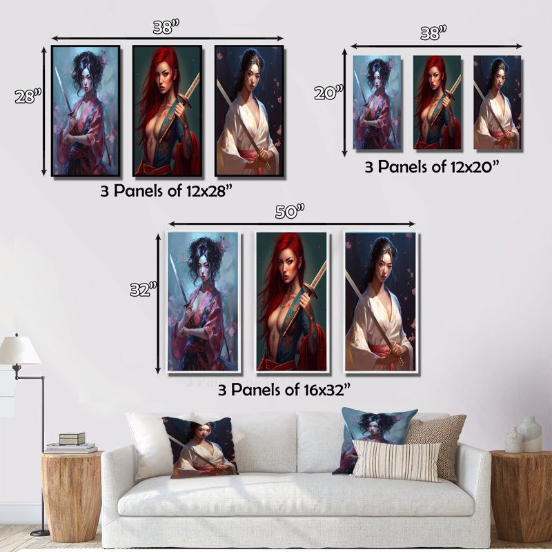 «Samurai Cyberpunk Chick», 3 pièces sur toile, Cadre naturel flottant, H 32 po x l 48 po