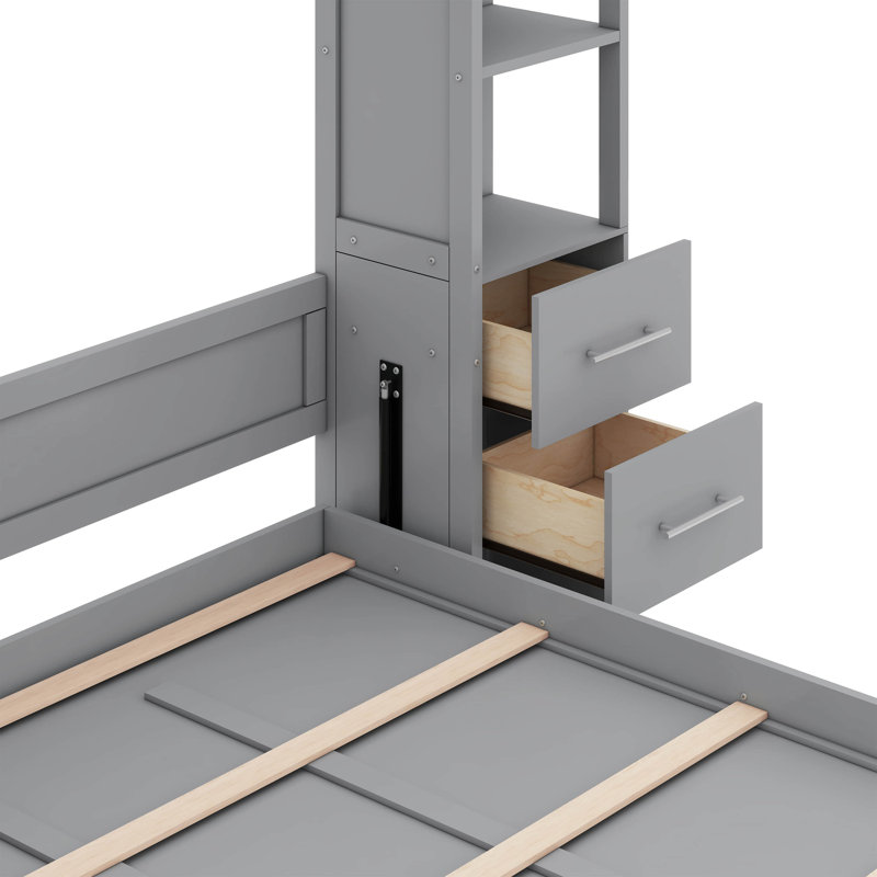 Ellettsville Queen Size Murphy Bed Wall Bed with Shelves, Drawers and LED Lights, Gray