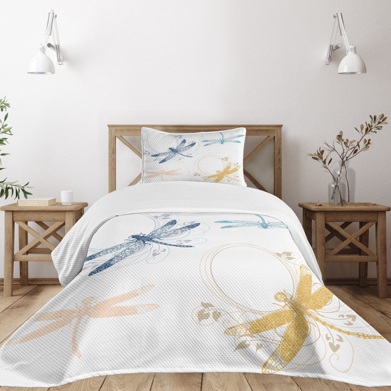 Ambesonne Dragonfly Bedspread Set Floral Spring Season Multicolor, Twin Bedspread + 1 Standard Sham