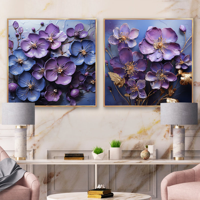 Royal Elegance - Ensemble de 2 collages carrés violets, Encadrement doré, H 30 po x l 61 po