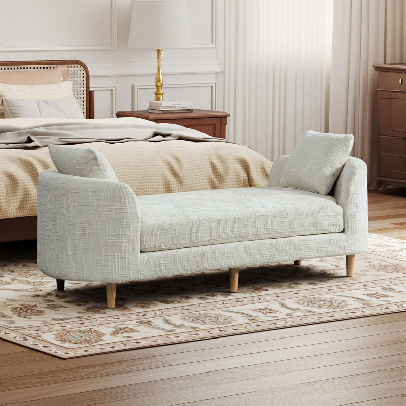 Banc méridienne rembourré en chenille avec 2 traversins et pieds en bois massif, Beige