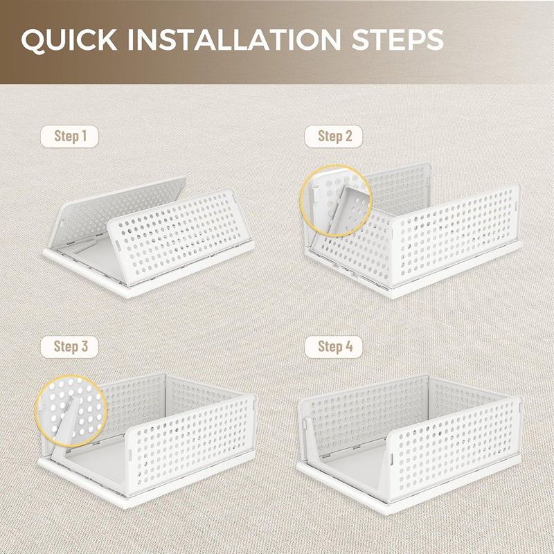 Ensemble de 6 paniers de rangement empilables - Blanc - Paniers à tiroirs en plastique pour placard, garde-robe, chambre à coucher, salle de bain ou bureau