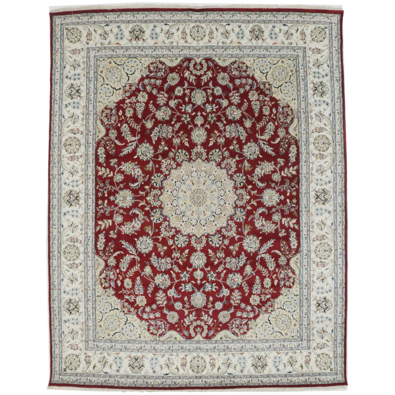 Tapis rouge en laine noué à la main Broņislava, Rectangle 7 pi 9 po x 10 pi