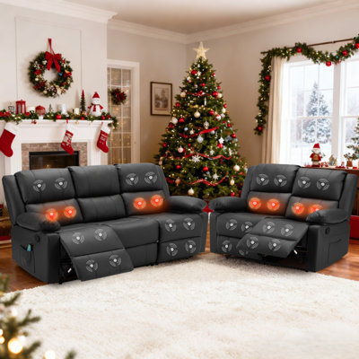 Ensemble de canapé inclinable, 2 fauteuils manuels en cuir pour le salon, fonction de massage et de chaleur, sièges de salon de style théâtre avec poches latérales, porte-gobelets