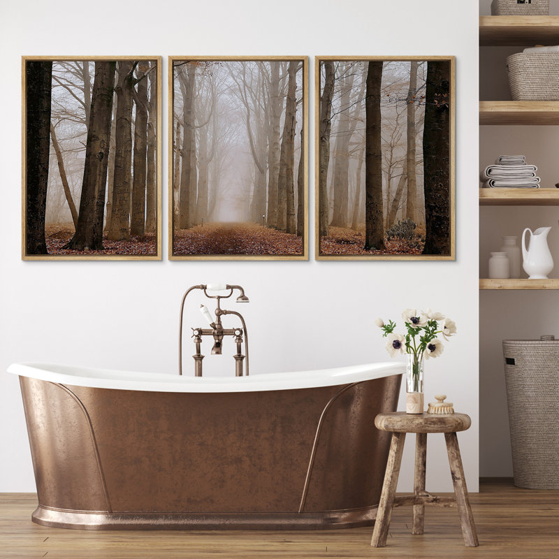 "Misty Brown Autumn Fall Forest Tree Landscape Landscape", ensemble de 3 reproductions d'art sur toile encadrées