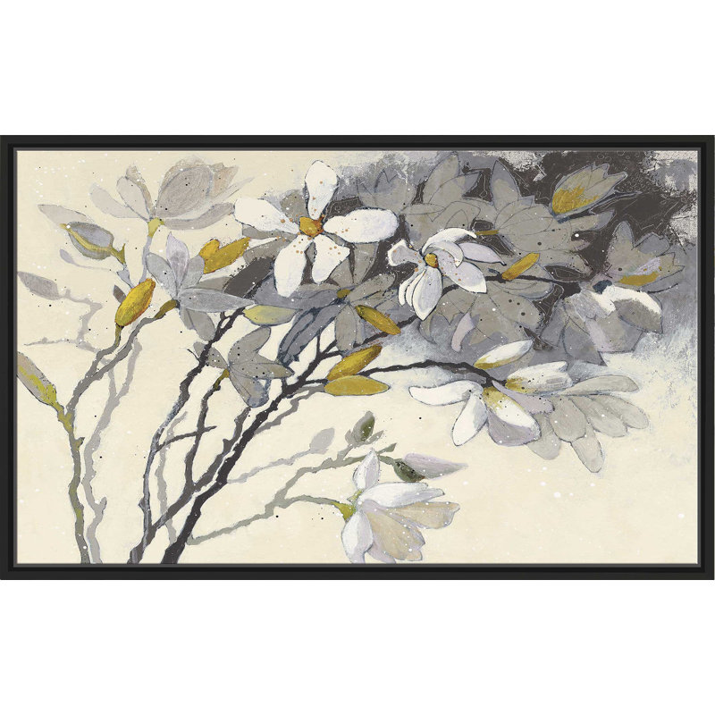 Magnolias jaune gris - Peinture, Cadre flottant noir, H 27,5 po x l 43,5 po x P 2 po