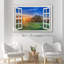 Fenêtre, paysage, lever de soleil, fleurs sauvages bleues dans un champ de printemps, scène naturelle, grande impression sur toile-93536492