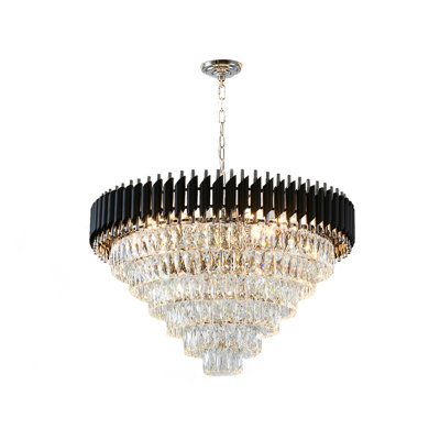 Lustre 16 lumières chromé et noir avec cristaux transparents