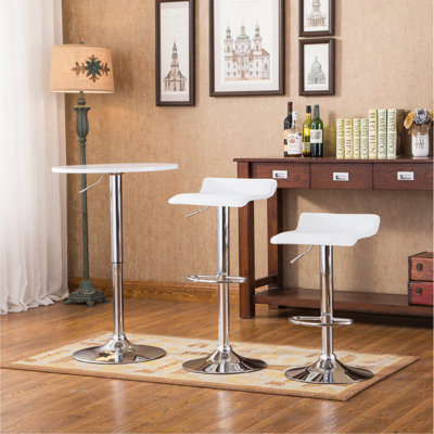 Adjustable Height Wood And Chrome Metal Bar Table And 2 Chrome Air Lift Adjustable Swivel Stools Set