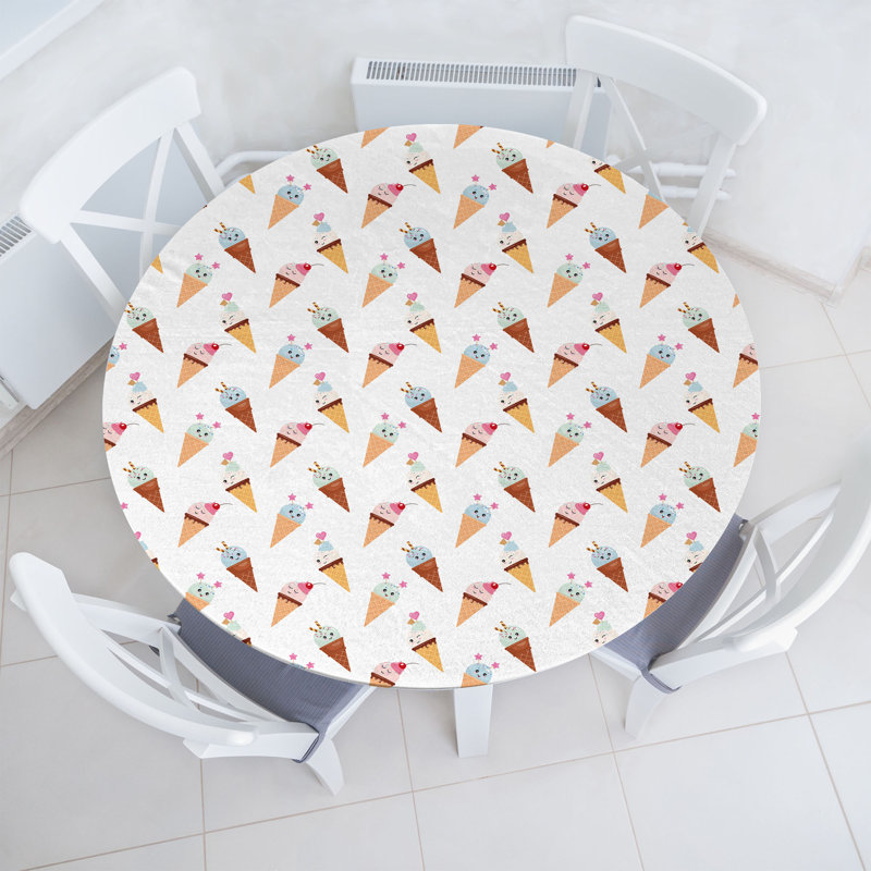 Ambesonne Ice Cream Fitted Round Tablecloth White Multicolor, 64.17" Round