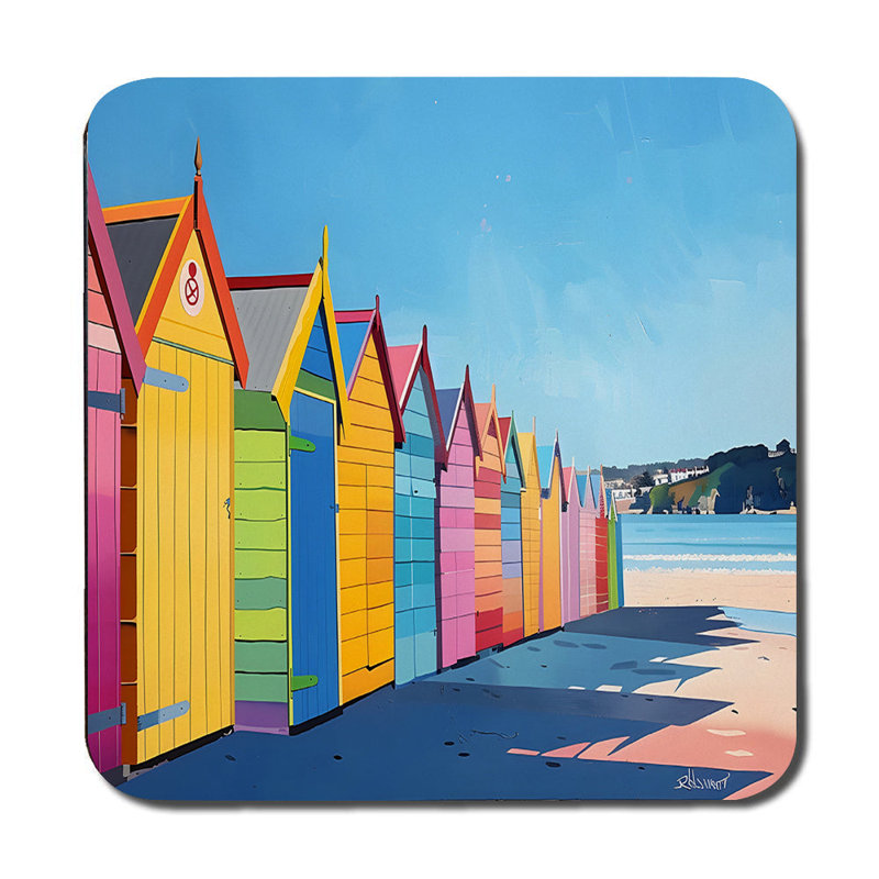 Colorful Beach Huts Placemat And Coaster Set With Sea Shore Art