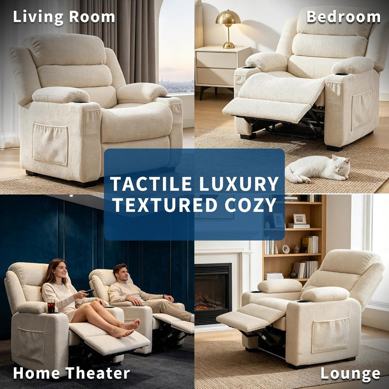 Fauteuil inclinable électrique surdimensionné, siège de 66 cm de large, inclinaison électrique, Beige, Chenille