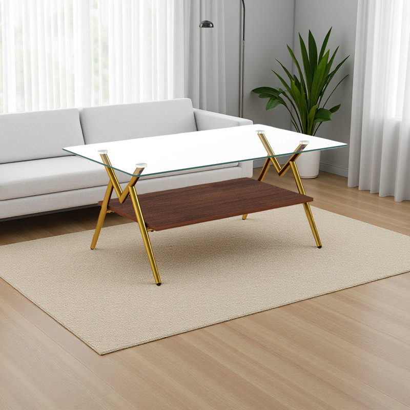 Table basse rectangulaire avec plateau en verre trempé et pieds en métal, table moderne pour le salon, Clair, Brun / or