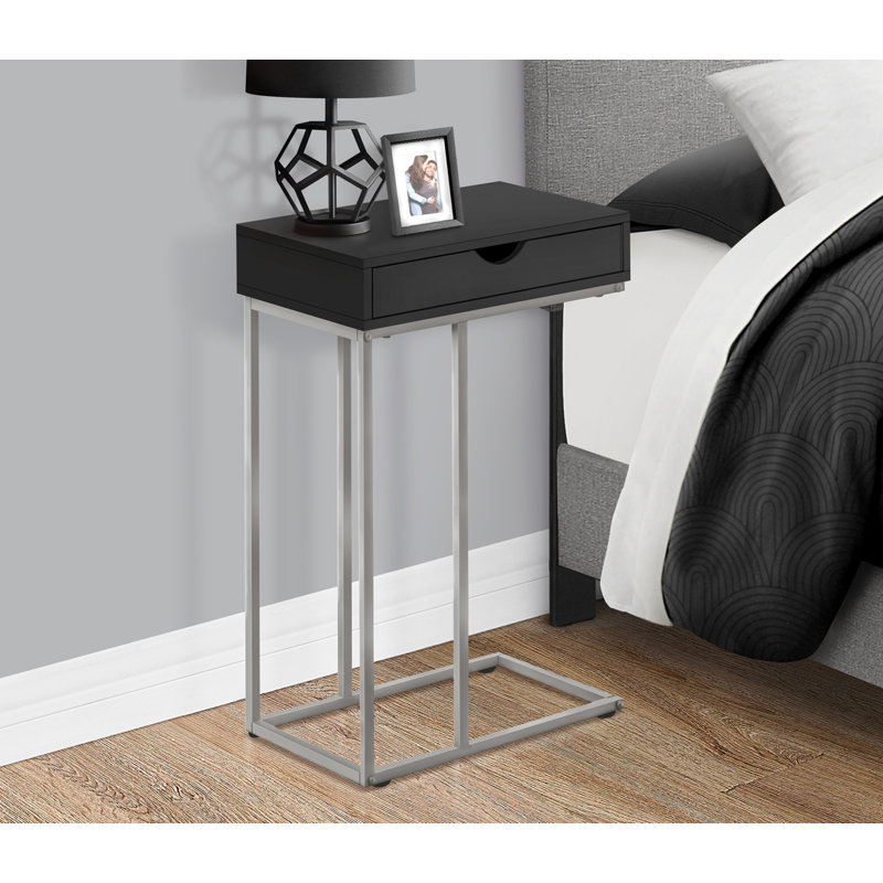 Table d'appoint, en forme de C, bout, côté, collation, tiroir de rangement, stratifié noir, métal gris, Black, Silver