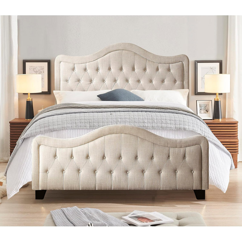 Upholstered Polyester Tufted Button Adjustable Height Headboard with Footboard, Queen, Beige