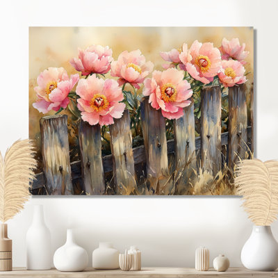 Ferme pivoines par la clôture rustique II - pivoines, impression sur métal