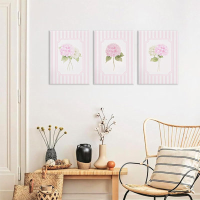 Framed Pink Hydrangea Wall Art Set Of 3, Pastel Floral Wall Decor Botanical Canvas Prints, Feminine Flower Pictures For Bedroom, Nursery, Or Room