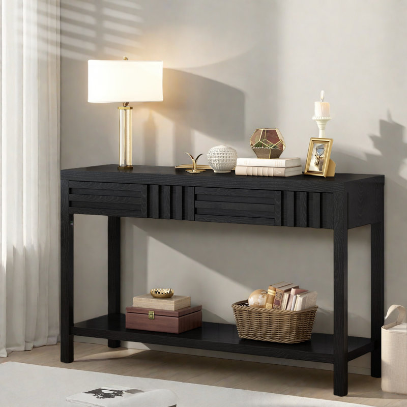Modern Console Table With Striped Design, 2 Drawers And 2-tier Design, Black