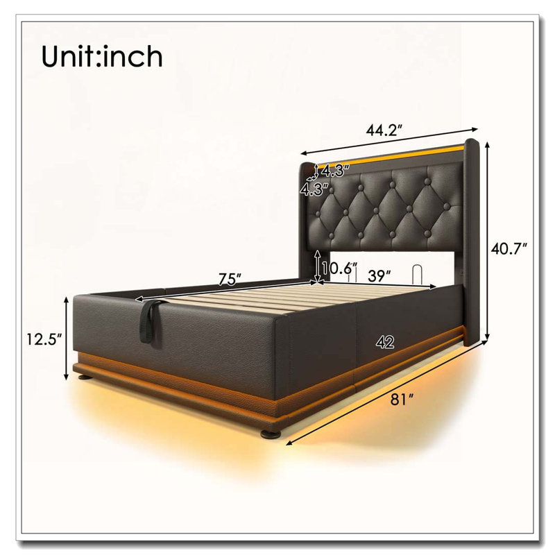 Storage Upholstered Bed with USB Type-C charging, 360 surround LED function, Buttons/Apps/Remote Control, Black PU, Twin