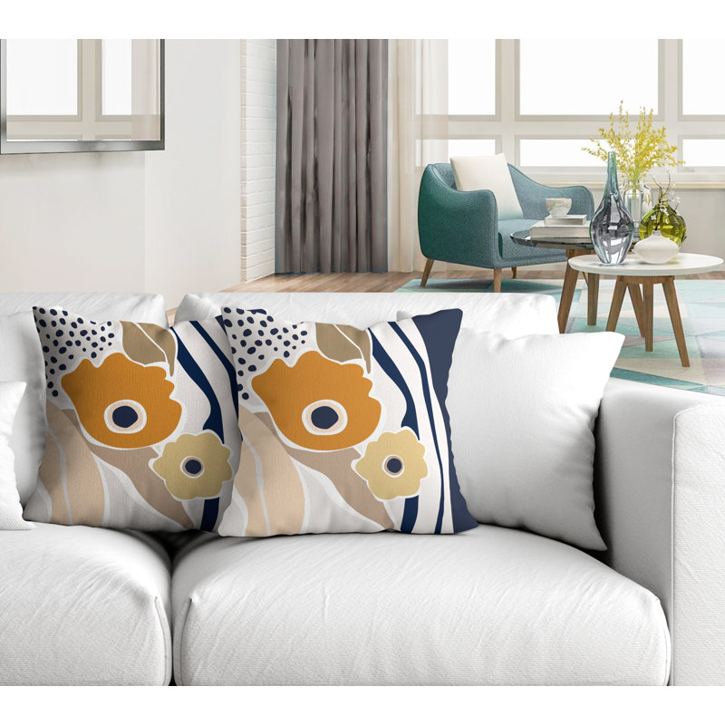 Jeté carré en polyester / mélange de polyester intérieur / extérieur, L 15 po x H 15 po, Orange / bleu marine / beige