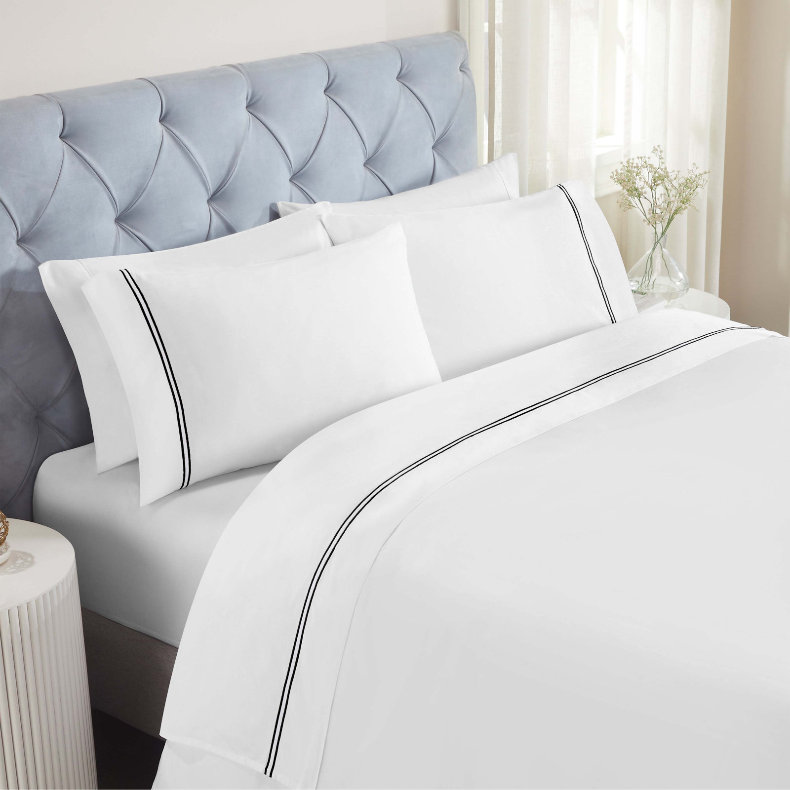 Fieldstone Cotton Two-Line Embroidered Deep Pocket Bed Sheet Set, California King Sheet Set with 2 Pillowcases, White/Black