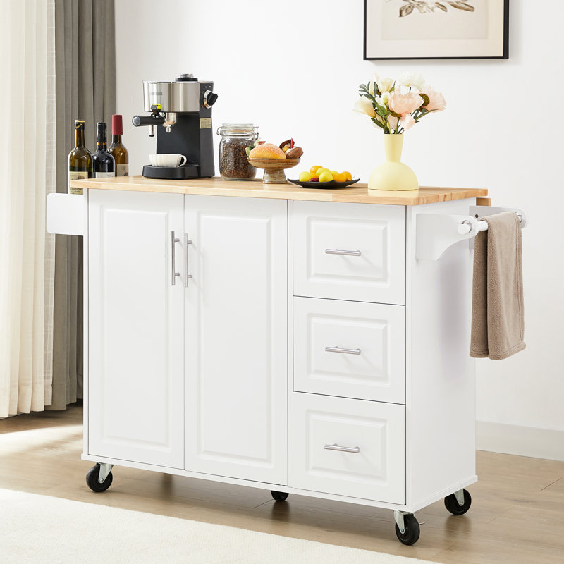 Îlot de cuisine Space avec 5 roulettes lisses, armoire de rangement et comptoir rabattable pliable, Blanc