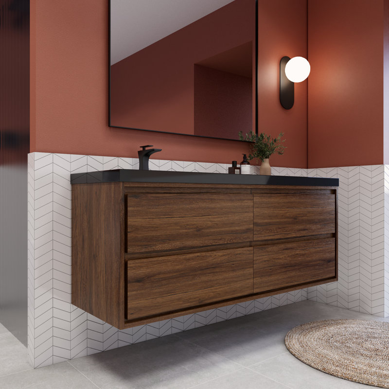 Vickye 59.05 " W Free Standing Wall Mounted Single Double Single Vanity Bathroom Vanity With Plastic Top, Rose Wood
